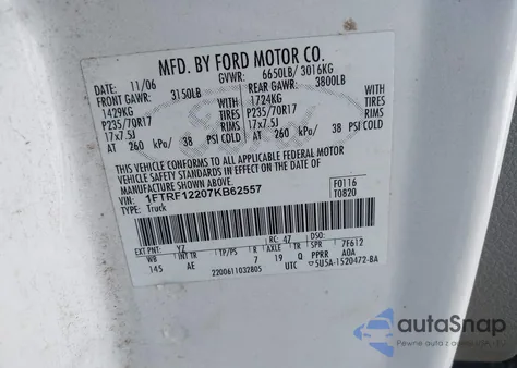 2007 Ford F-150 Stx/Xl/Xlt из США, поврежденный, VIN 1FTRF12207KB62557